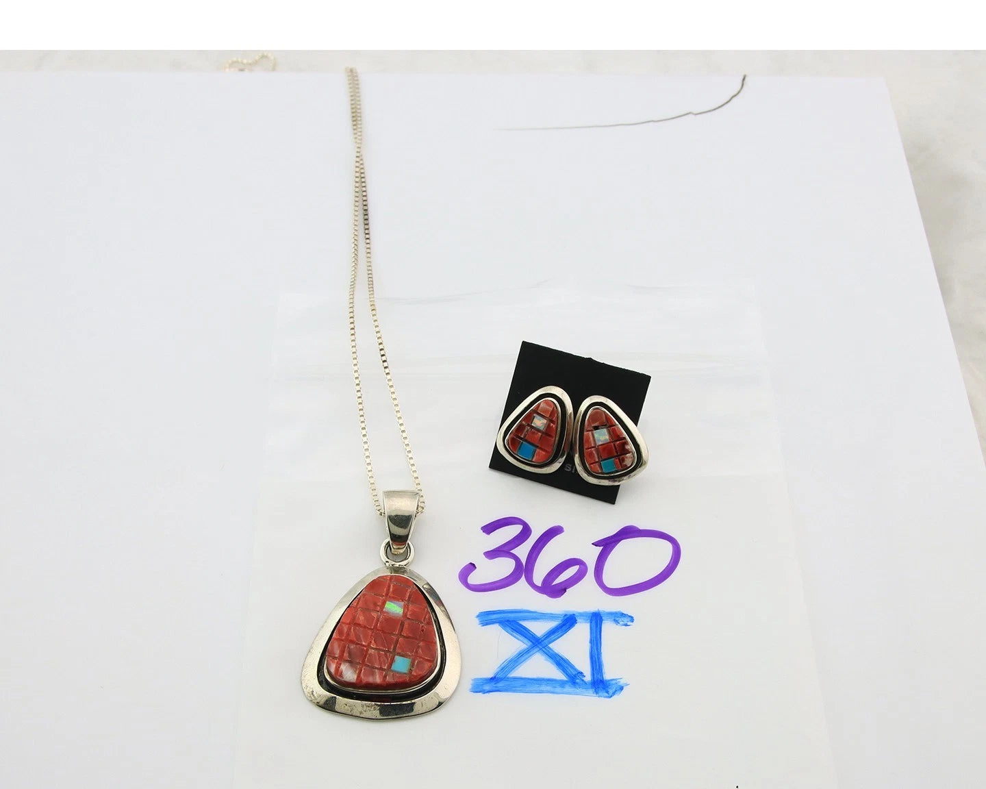 Navajo Necklace Earring Set Sterling Silver Turquoise Vintage Signed Feather