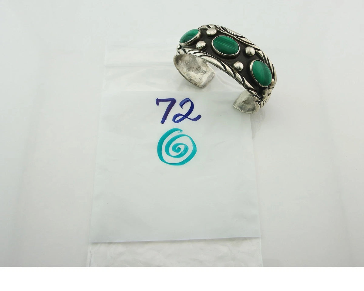 Men Navajo Cuff Bracelet Sterling Silver Malachite Vintage Signed C Montoya
