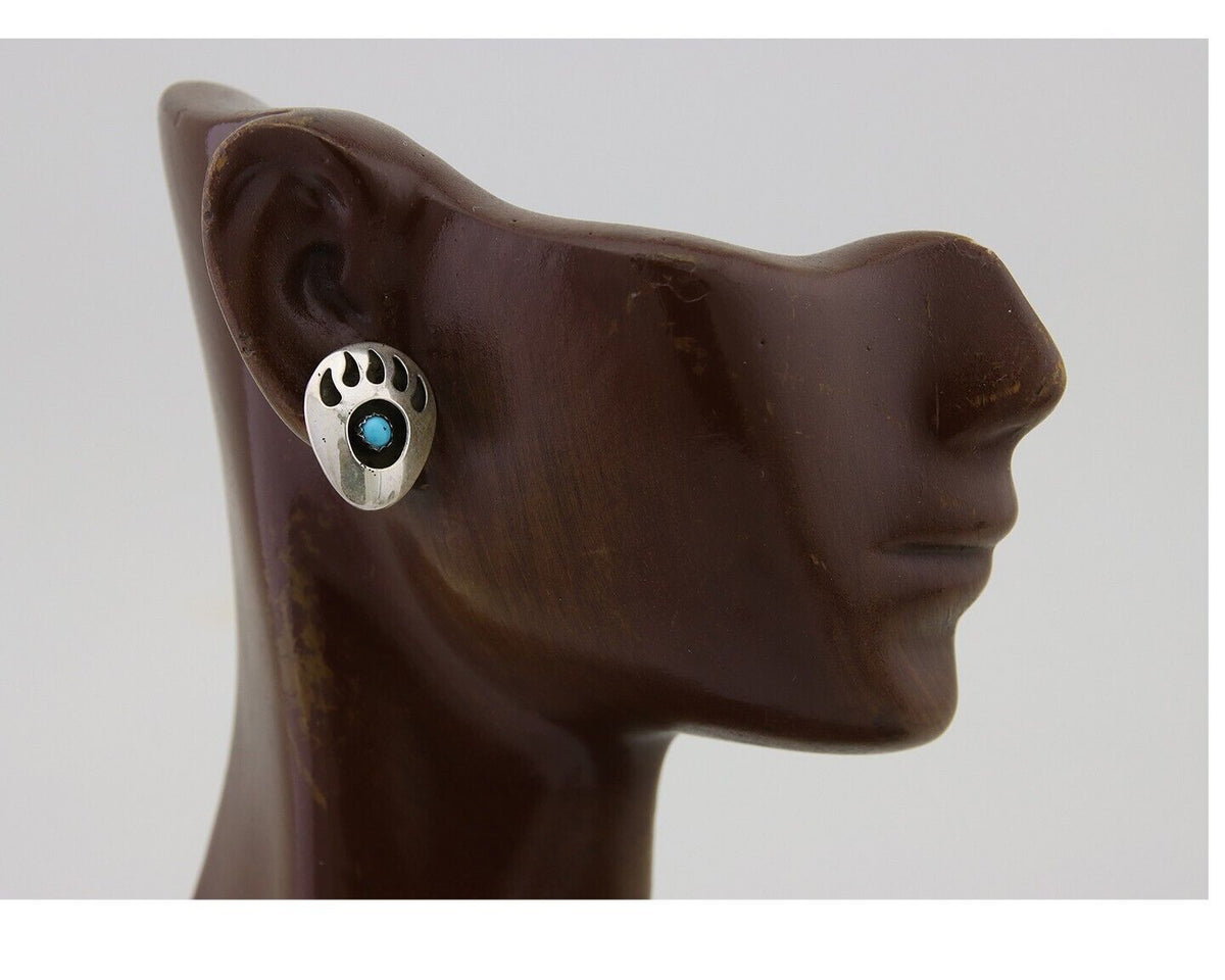 Navajo Paw Earrings 925 Silver Natural Turquoise Native American Artist C.80s