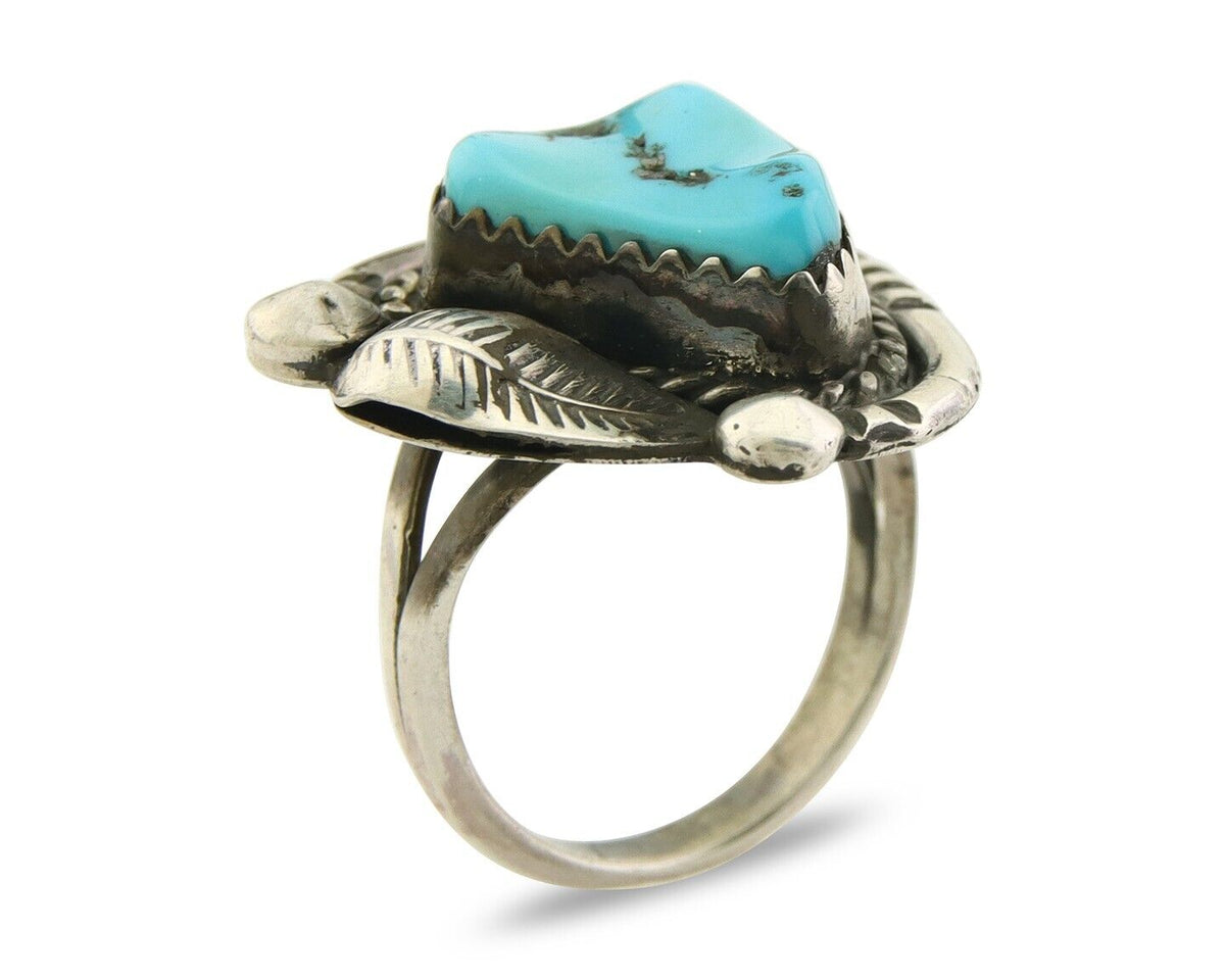 Navajo Ring 925 Sterling Natural Blue Turquoise Native Artist C.80's Size 5.25