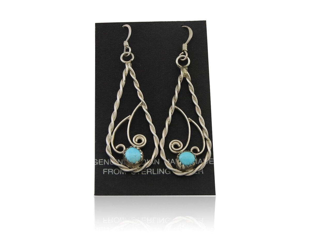 Navajo Dangle Earrings 925 Silver Natural Turquoise Artist Signed JB C.80's