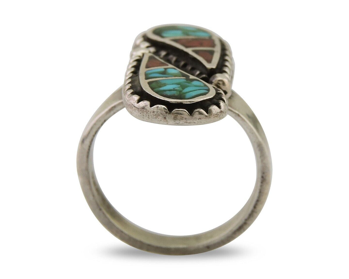 Navajo Ring 925 Silver Chip Inlay Turquoise & Coral Native Artist C.80's