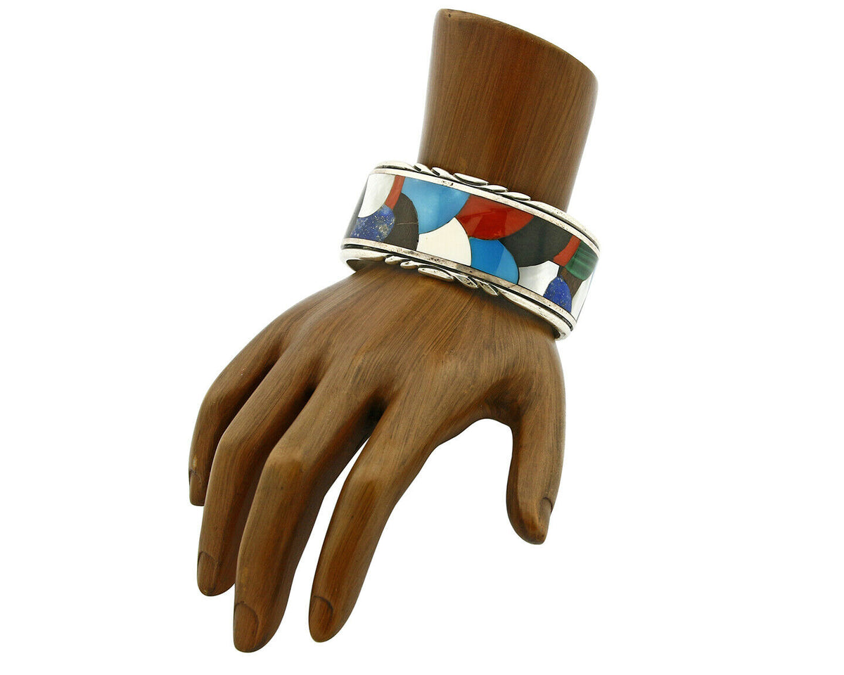 Navajo Jerry Cowboy Signed .925 Silver Gemstone Handmade Unique Cuff