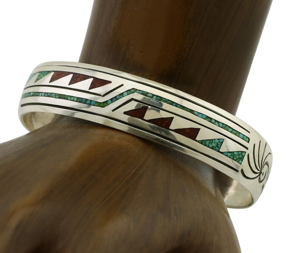 Navajo Inlay Bracelet 925 Silver Turquoise & Coral Signed Stanely Bain C.80's