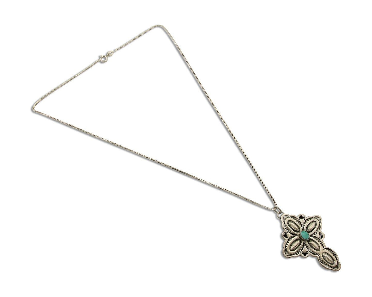 Navajo Cross Hand Stamped Necklace 925 Silver Turquoise Artist JRS C.80's