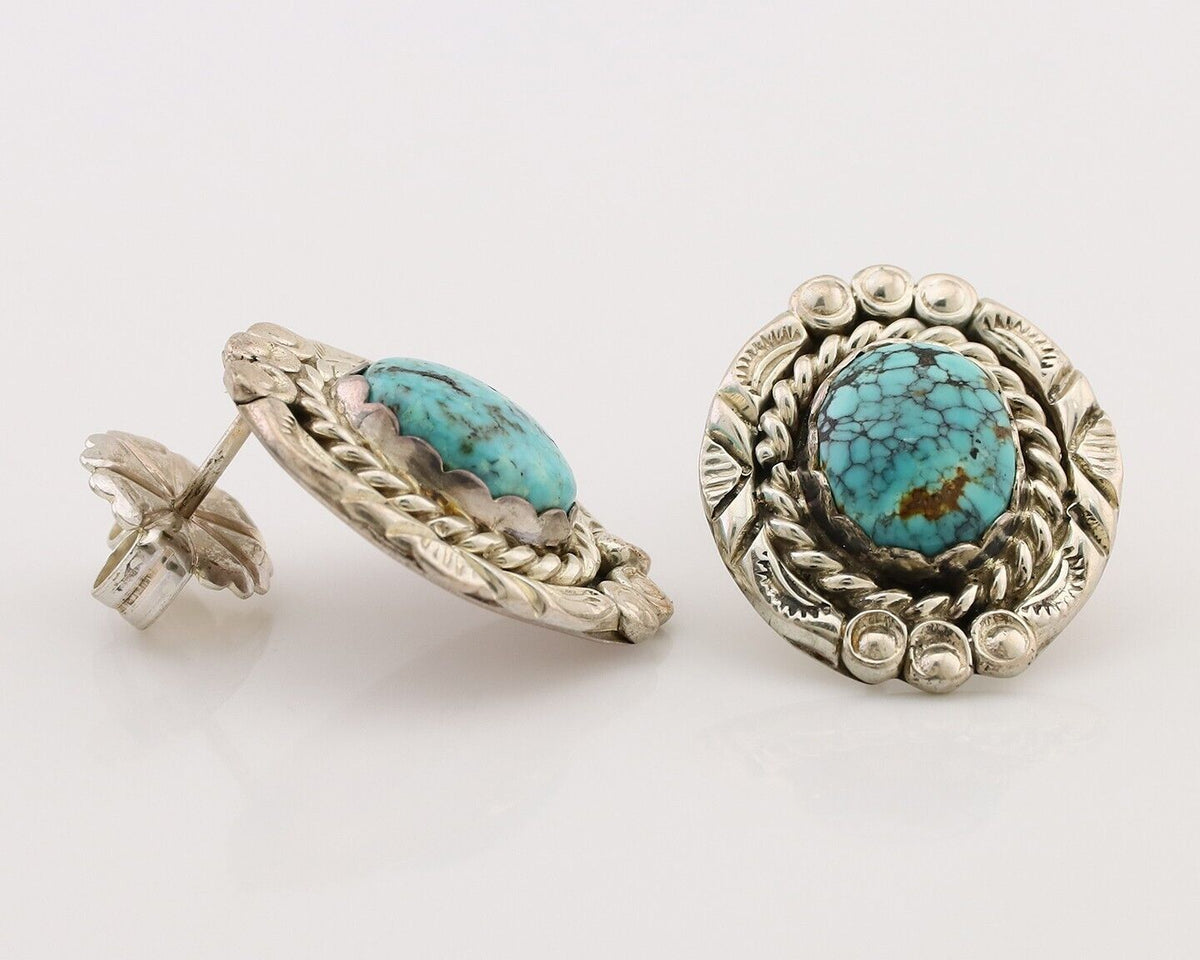 Navajo Earrings 925 Silver Spiderweb Mined Turquoise Artist Signed NE C.80's