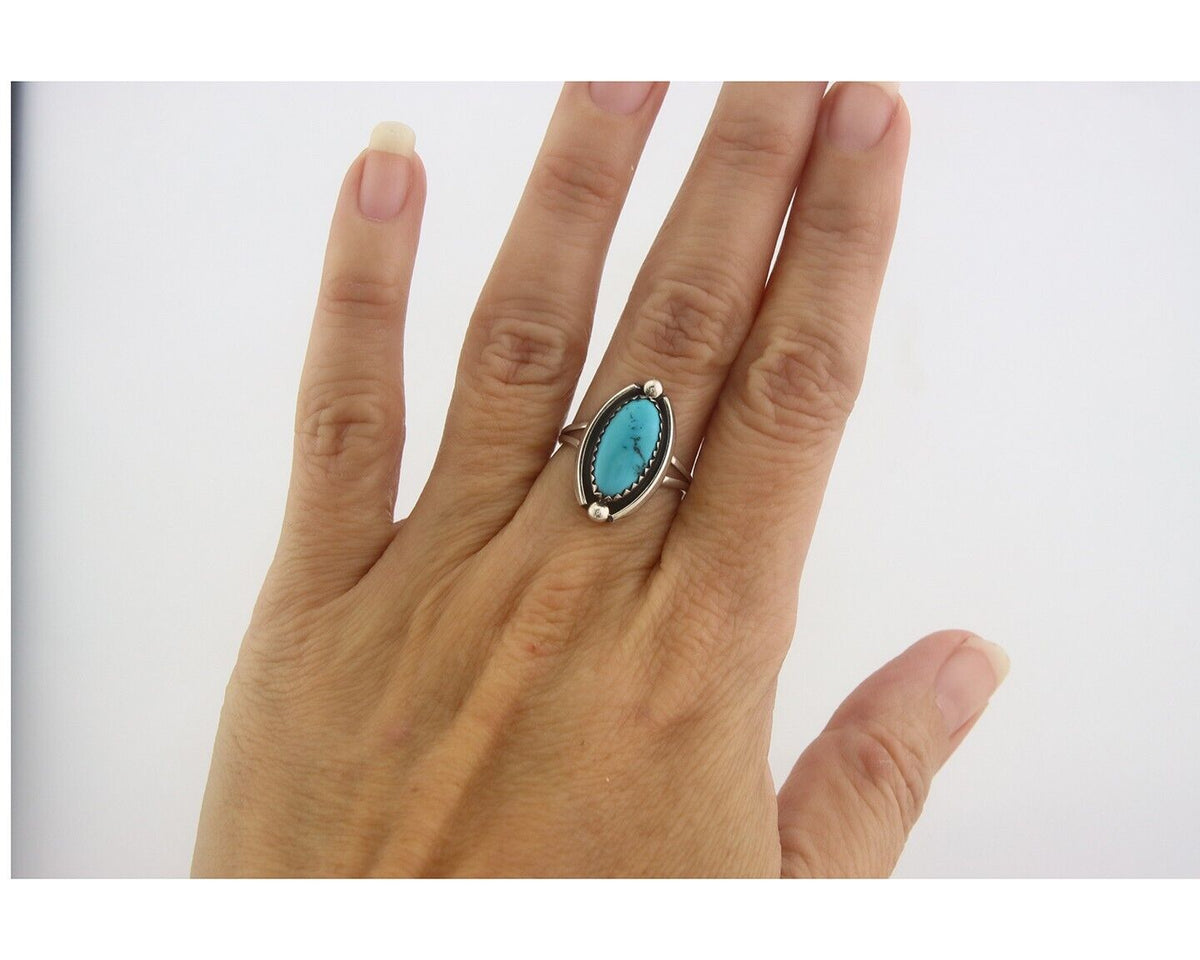 Navajo Ring 925 Sterling Natural Turquoise Native Artist C.80's Size 6.25