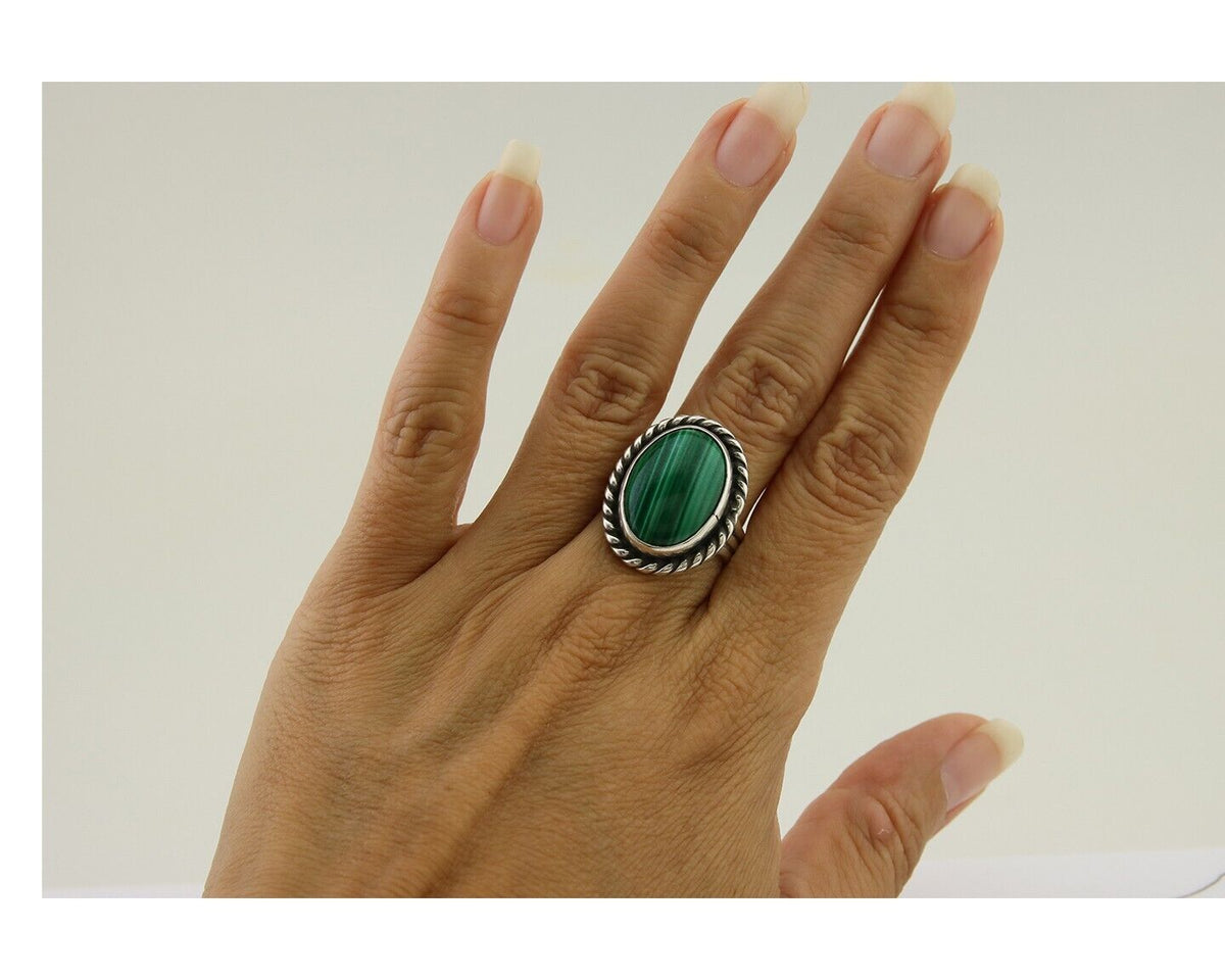 Navajo Ring 925 Silver Natural Malachite Native American Artist C.80's
