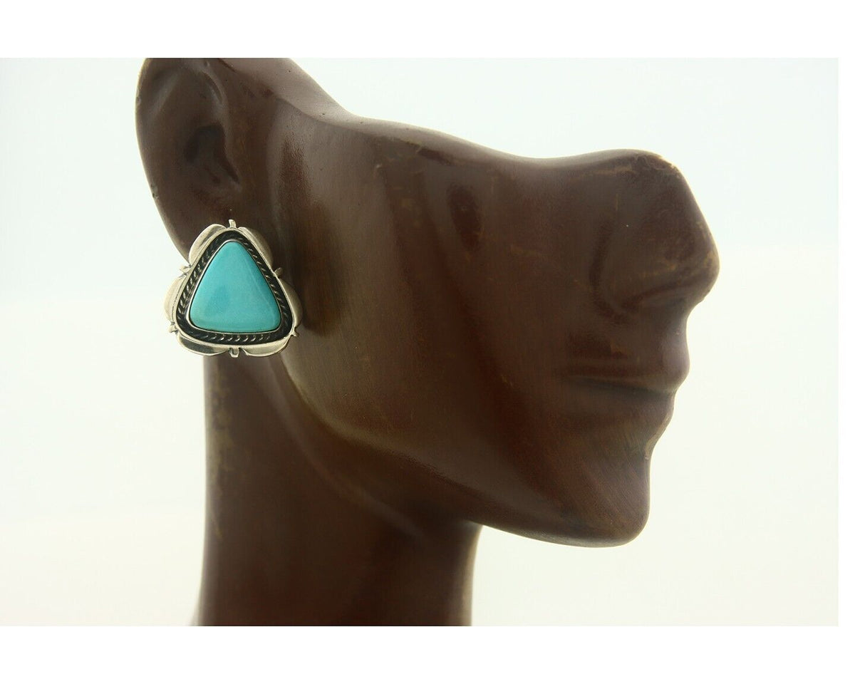Navajo Earrings 925 Silver Natural Turquoise Native Artist Signed H? C.80's