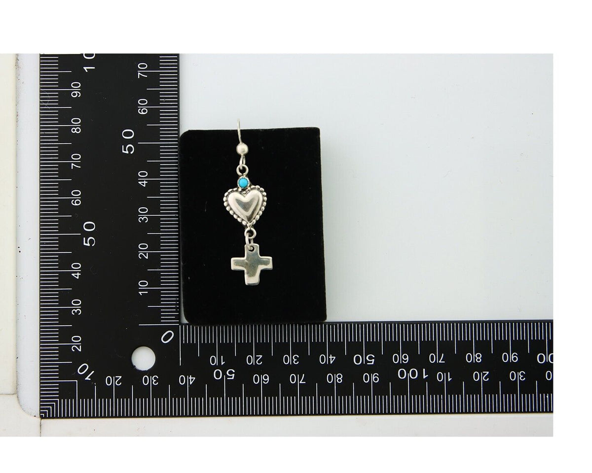 Navajo Earrings 925 Silver Heart Cross Turquoise Native American Artist C.80's