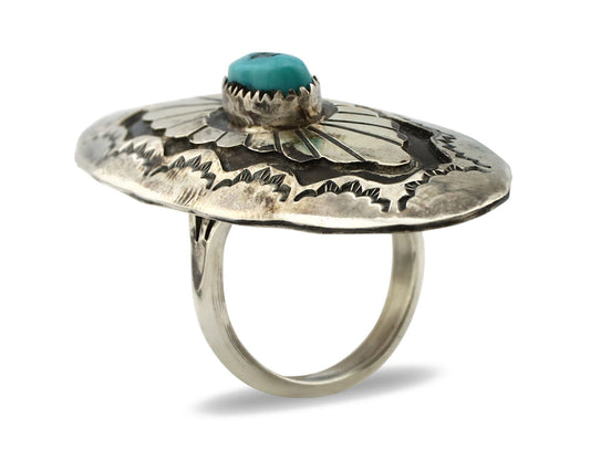 Navajo Shield Ring .925 Silver Blue Turquoise Hand Stamped Native Artist C.80's