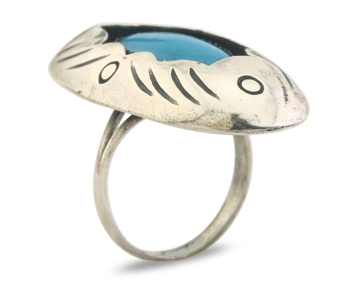 Navajo Ring 925 Sterling Turquoise Handmade Native Artist C.80's Size 7.5