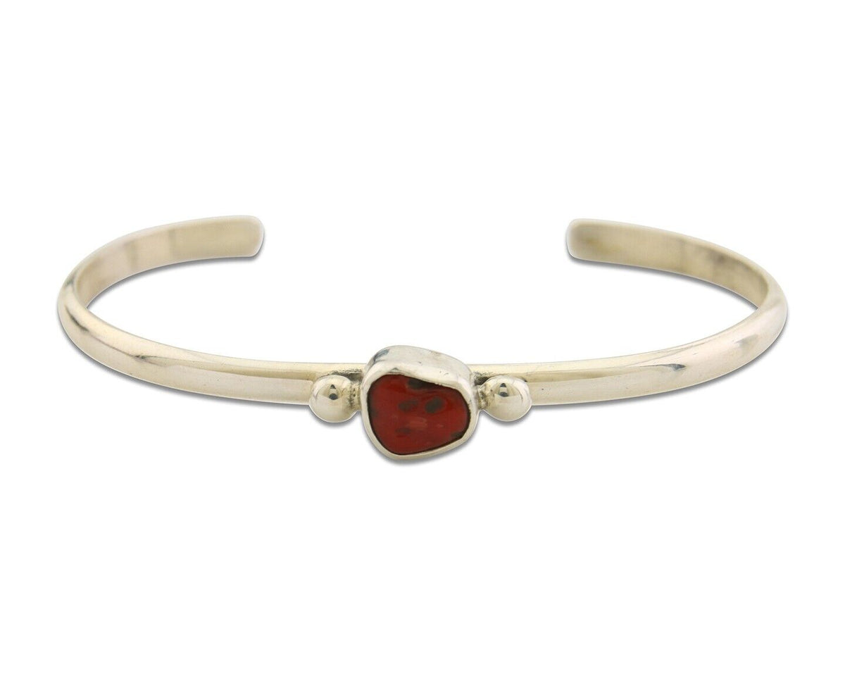 Navajo Bracelet .925 Silver Natural Red Coral Cuff Native American Artist C.80's
