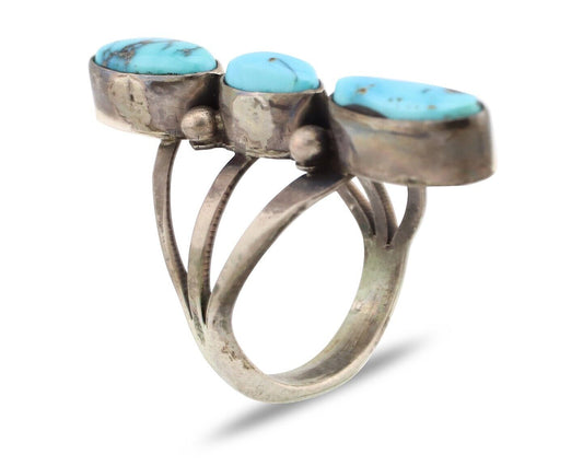 Navajo 3 Stone Ring 925 Silver Blue Turquoise Native American Artist C.80's