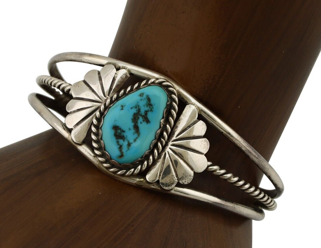 Navajo Bracelet 925 Silver Sleeping Beauty Turquoise Native American Artist C80s