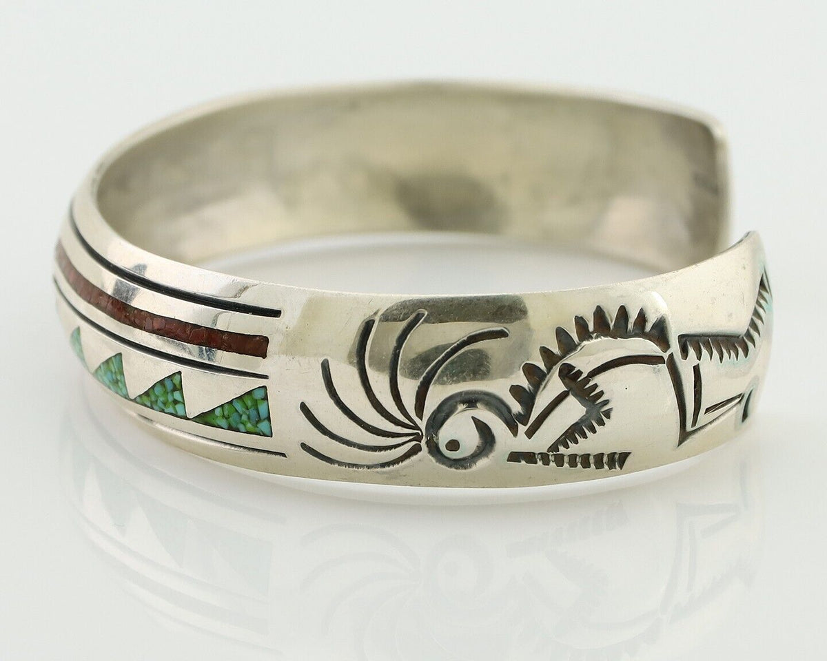 Navajo Inlay Bracelet 925 Silver Turquoise & Coral Signed Stanely Bain C.80's