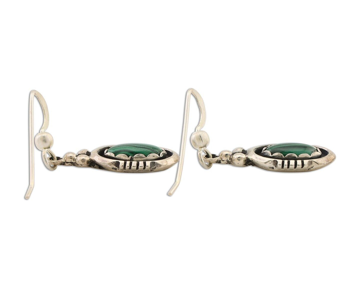 Navajo Dangle Earrings 925 Silver Natural Malachite Native American Artist C.80s