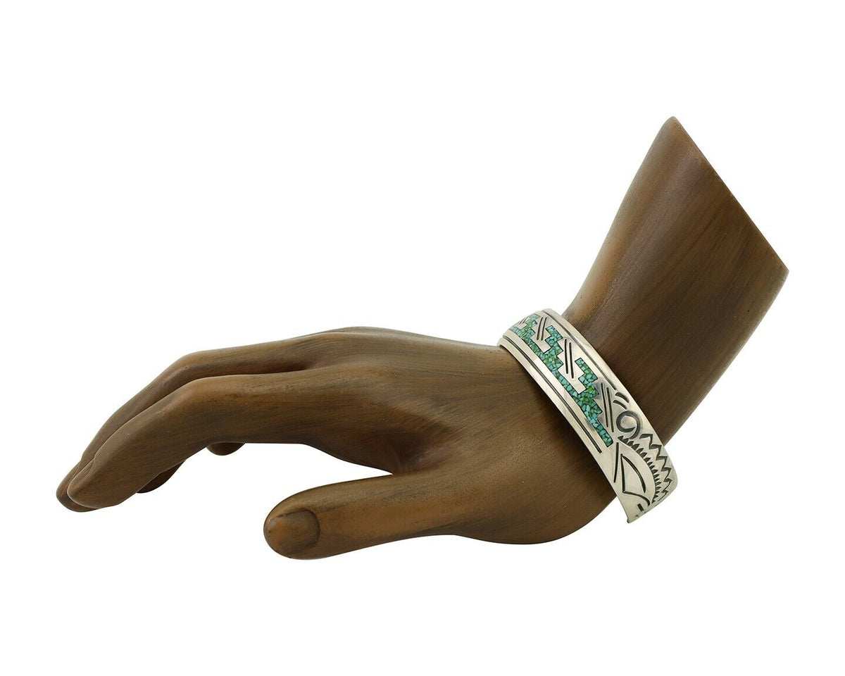 Navajo Inlay Bracelet 925 Silver Turquoise & Coral Signed Stanely Bain C.80's