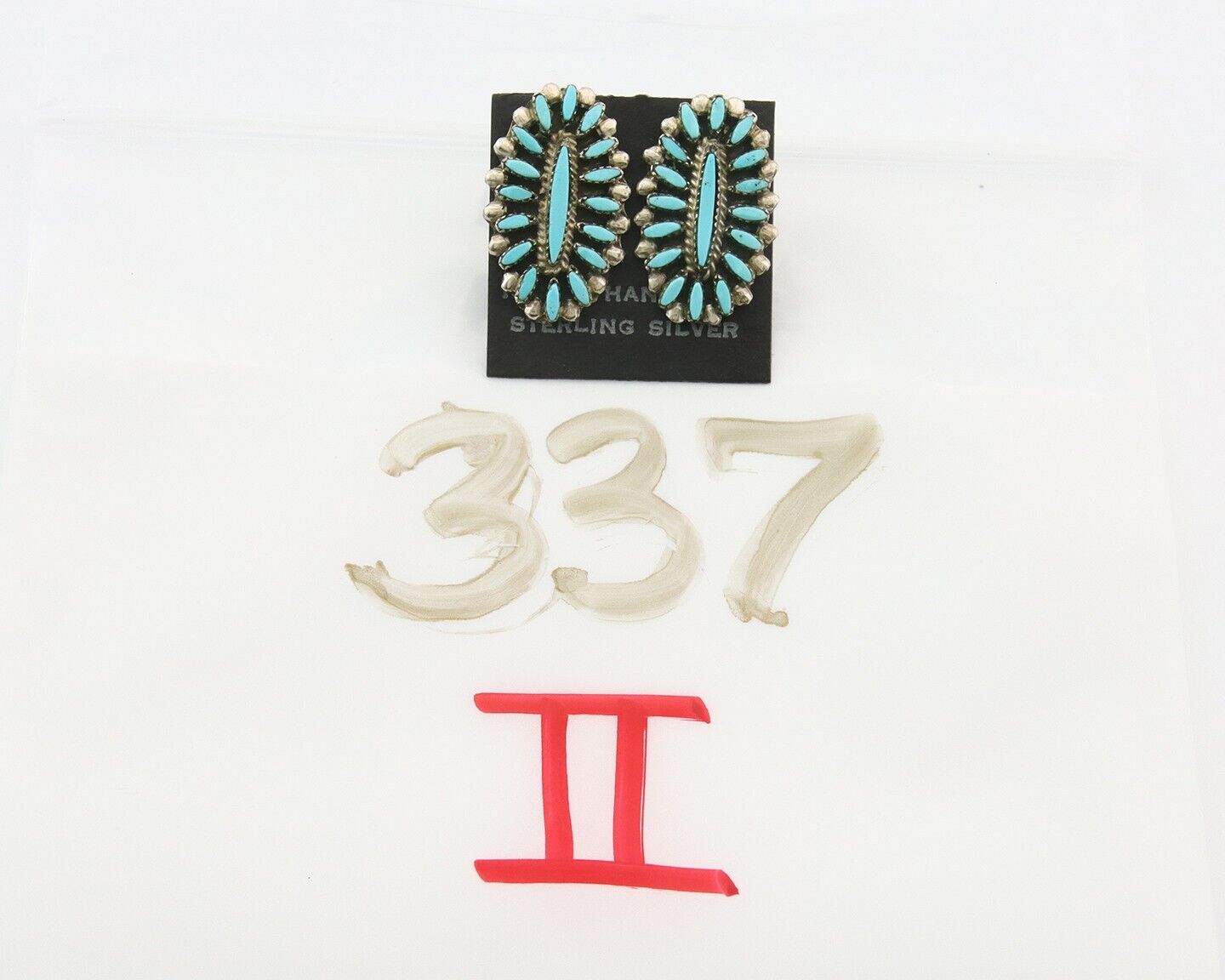 Zuni Concho Earrings 925 Silver Natural Turquoise Artist Signed LP C.80's