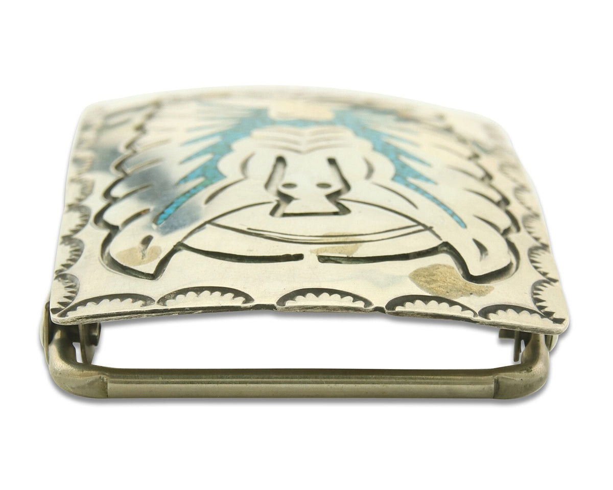 Vintage Navajo Belt Buckle 925 Sterling Silver Handmade Inlaid Gemstone Signed B
