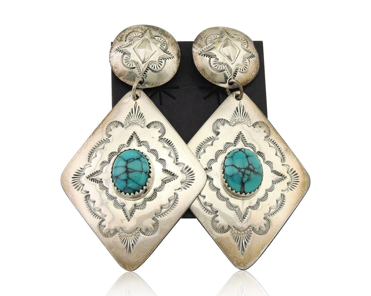 Navajo Dangle Earrings 925 Silver Natural Blue Turquoise Artist Signed LS C.80's