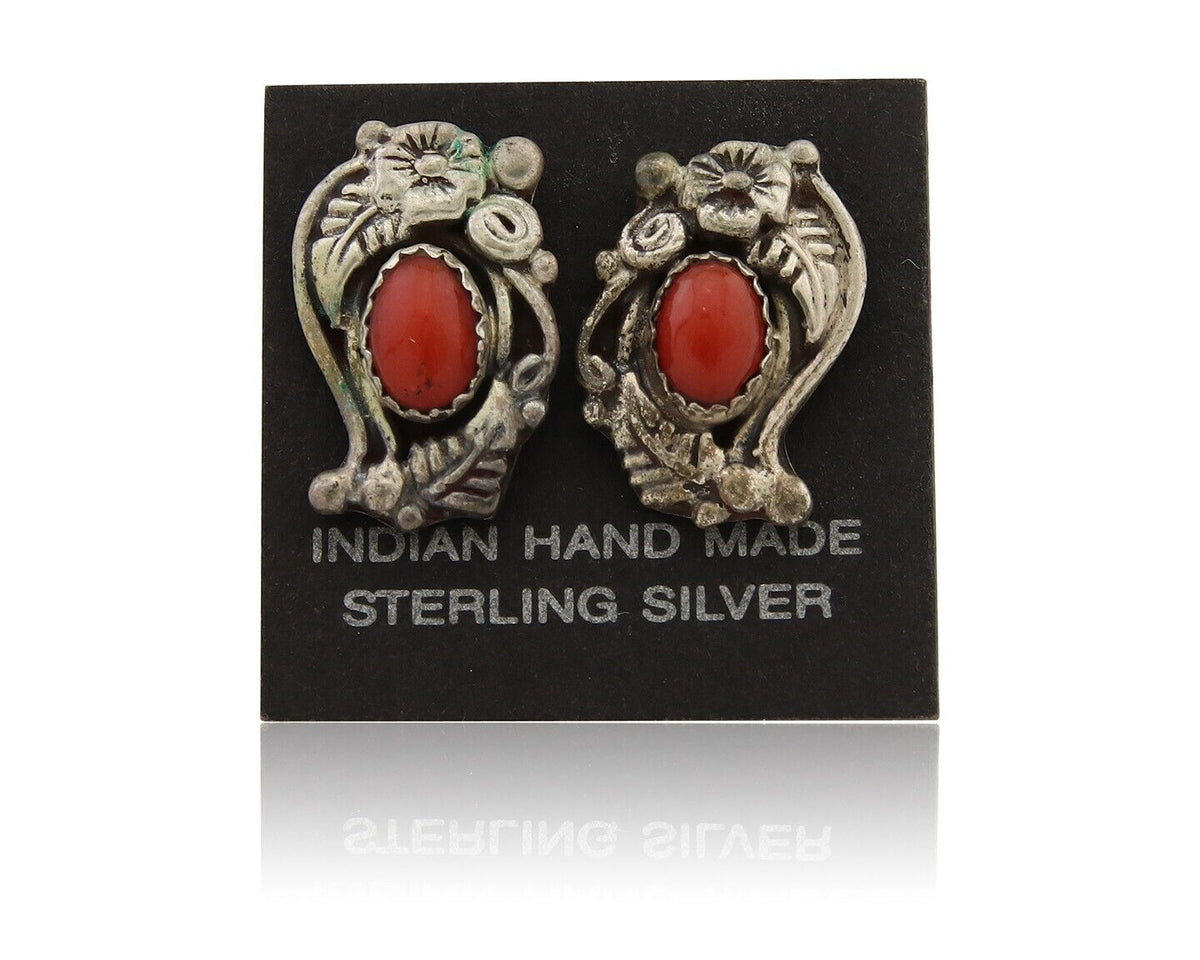 Navajo Earrings 925 Silver Natural Red Coral Artist Signed Begay C.80's