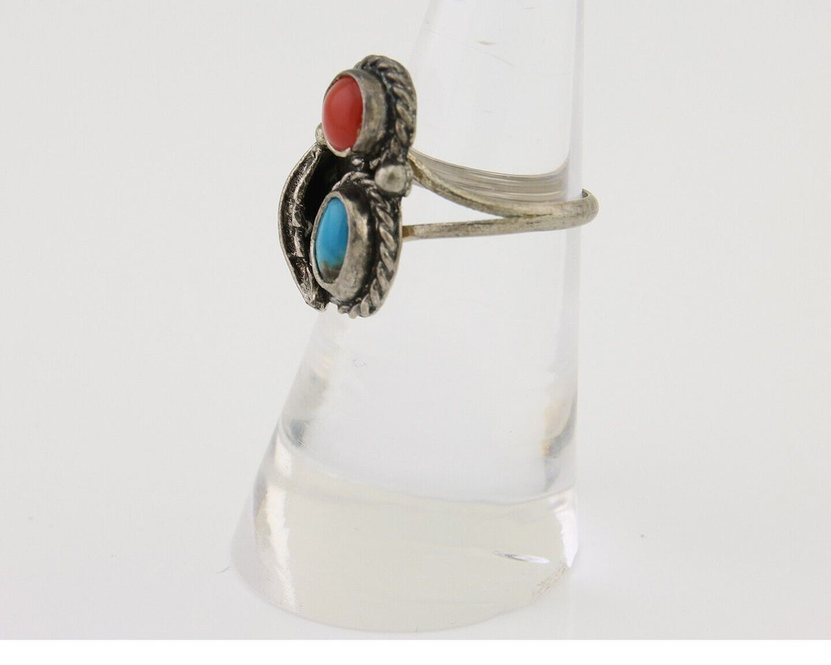 Navajo Handmade Ring 925 Silver Coral & Turquoise Native Artist C.80's
