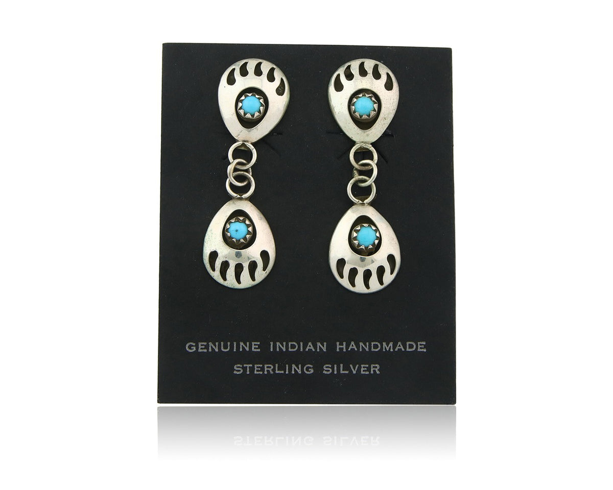 Navajo Earrings 925 Silver Dangle Paw Turquoise Native American Artist C.80's