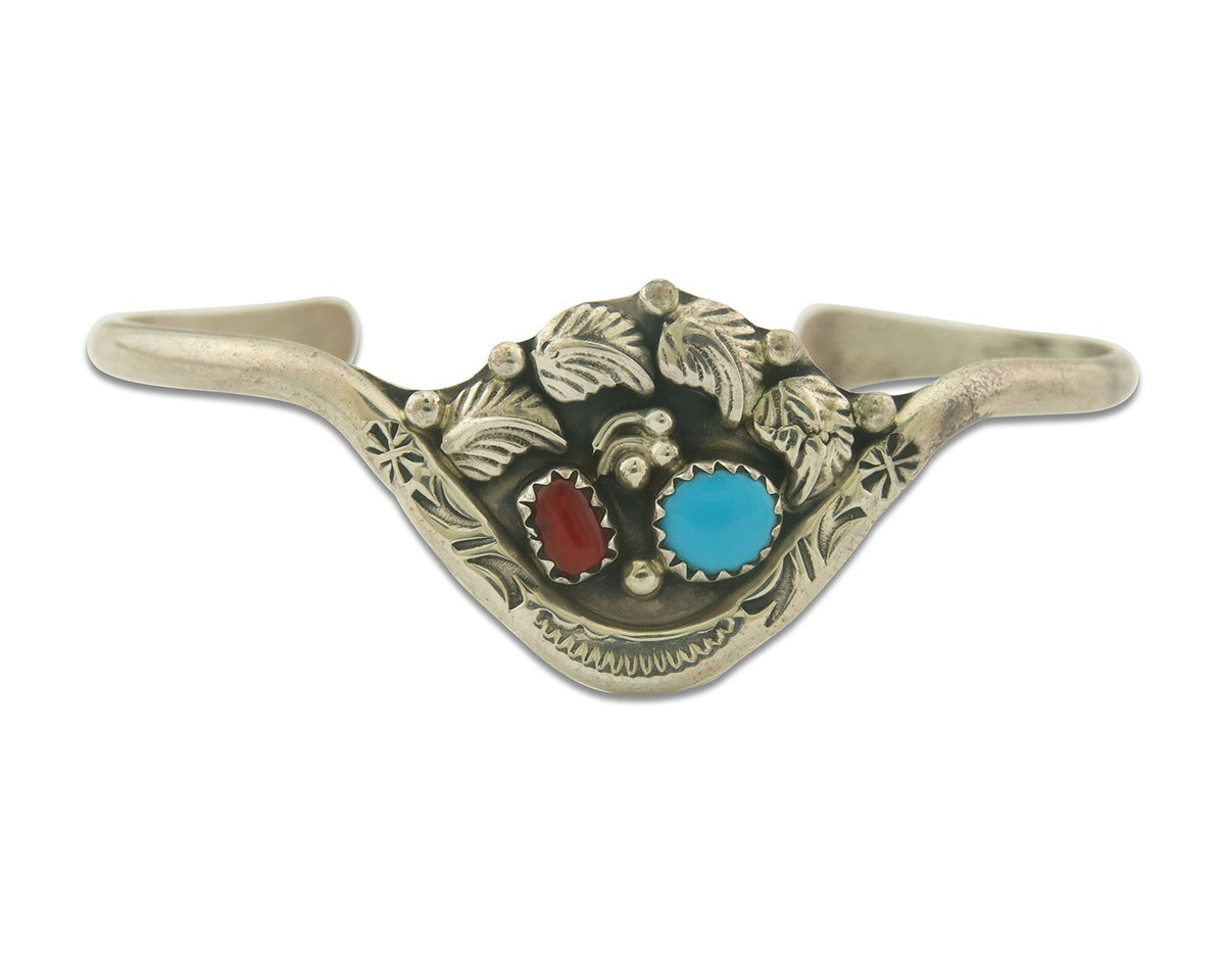 Navajo Bracelet 925 Silver Coral & Turquoise Cuff Signed Running Bear C.80's