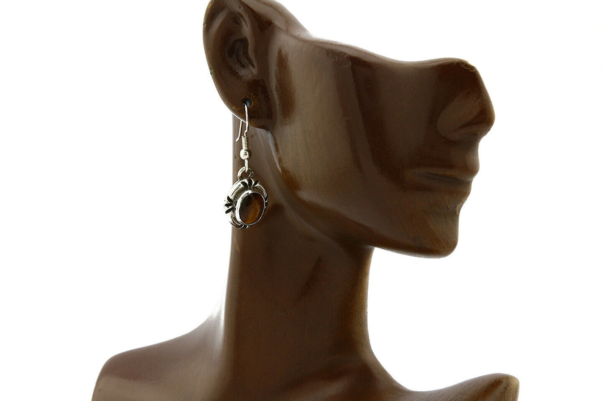 Navajo Hand Stamped Natural Mined Tigers Eye .925 SOLID Silver Stud Earrings
