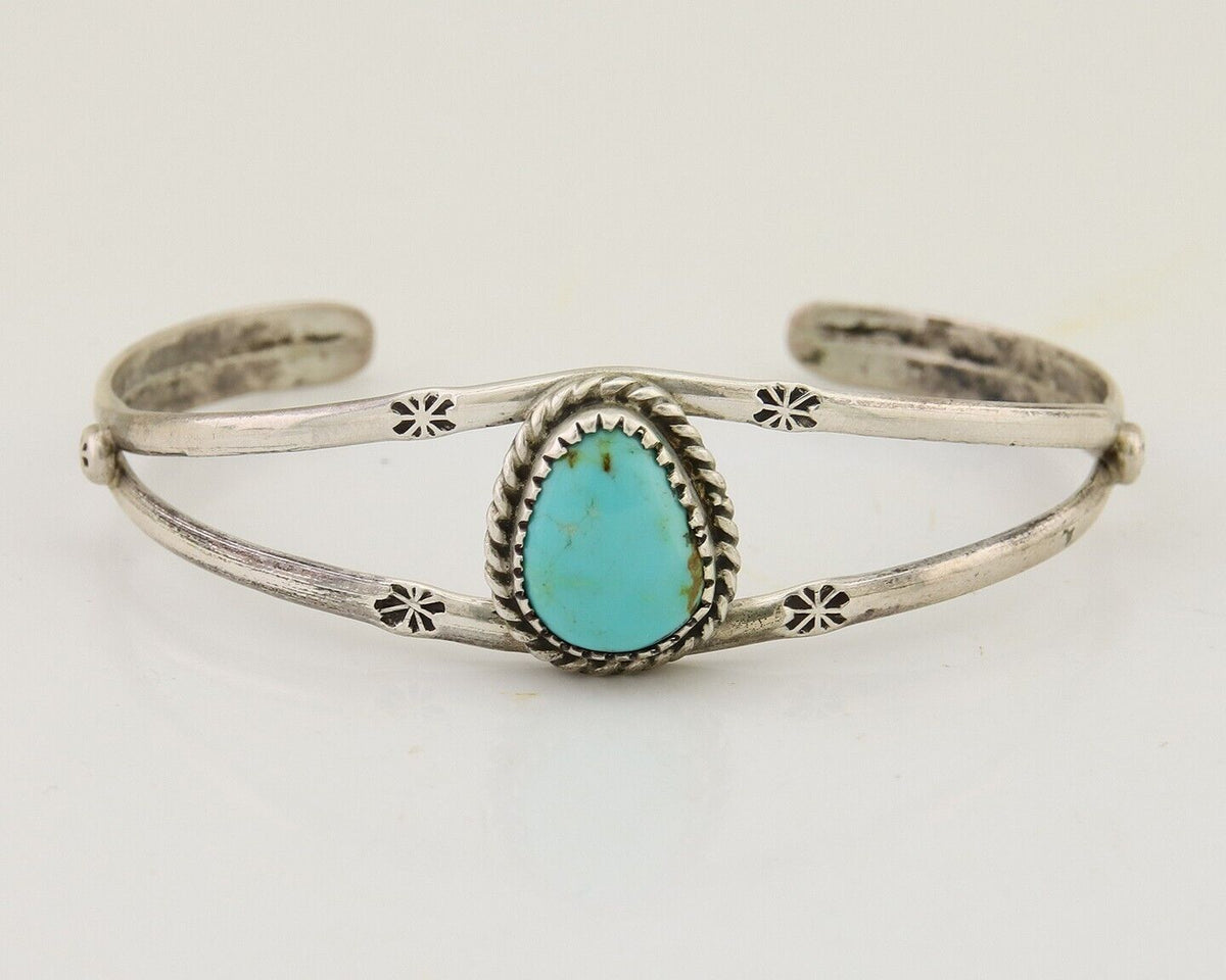 Navajo Hand Stamped Cuff Bracelet Turquoise 925 Silver Native American Artist