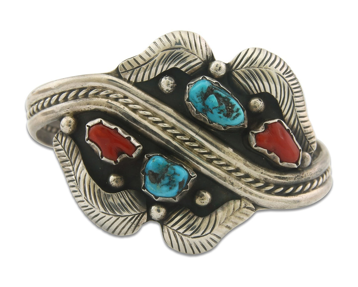 Navajo Bracelet 925 Silver Coral & Turquoise Cuff Signed R Spencer C.80's