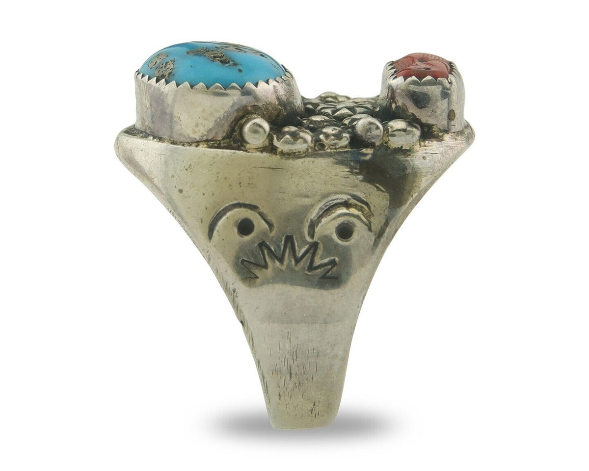 Men Heavy Navajo Ring 925 Sterling Natural Coral & Turquoise C.80's Size 11