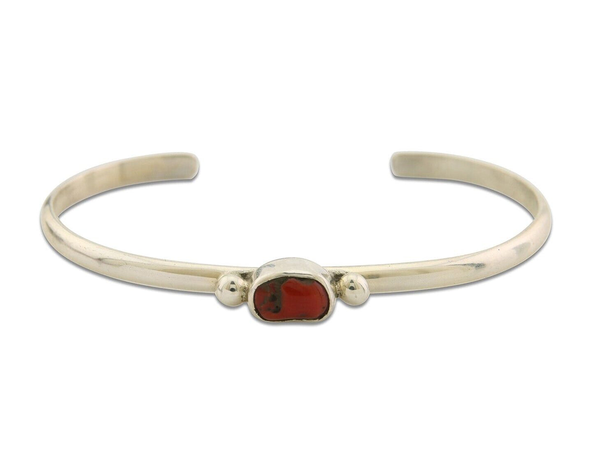 Navajo Bracelet .925 Silver Natural Red Coral Cuff Native American Artist C.80's
