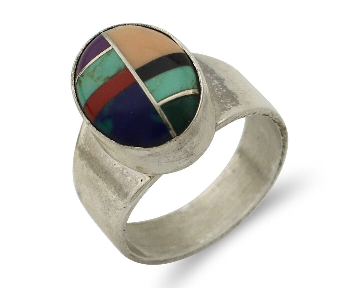 Zuni Inlaid Ring 925 Silver Mixed Natural Gemstones Native American Artist C.80s