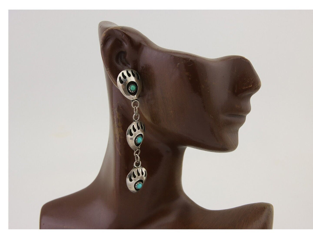 Navajo Paw Earrings 925 Silver Kingman Turquoise Native American Artist C.80's