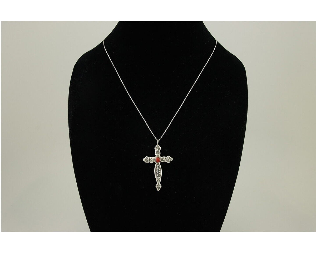 Navajo Cross Necklace 925 Silver Mediterranean Coral Native American Artist C80s