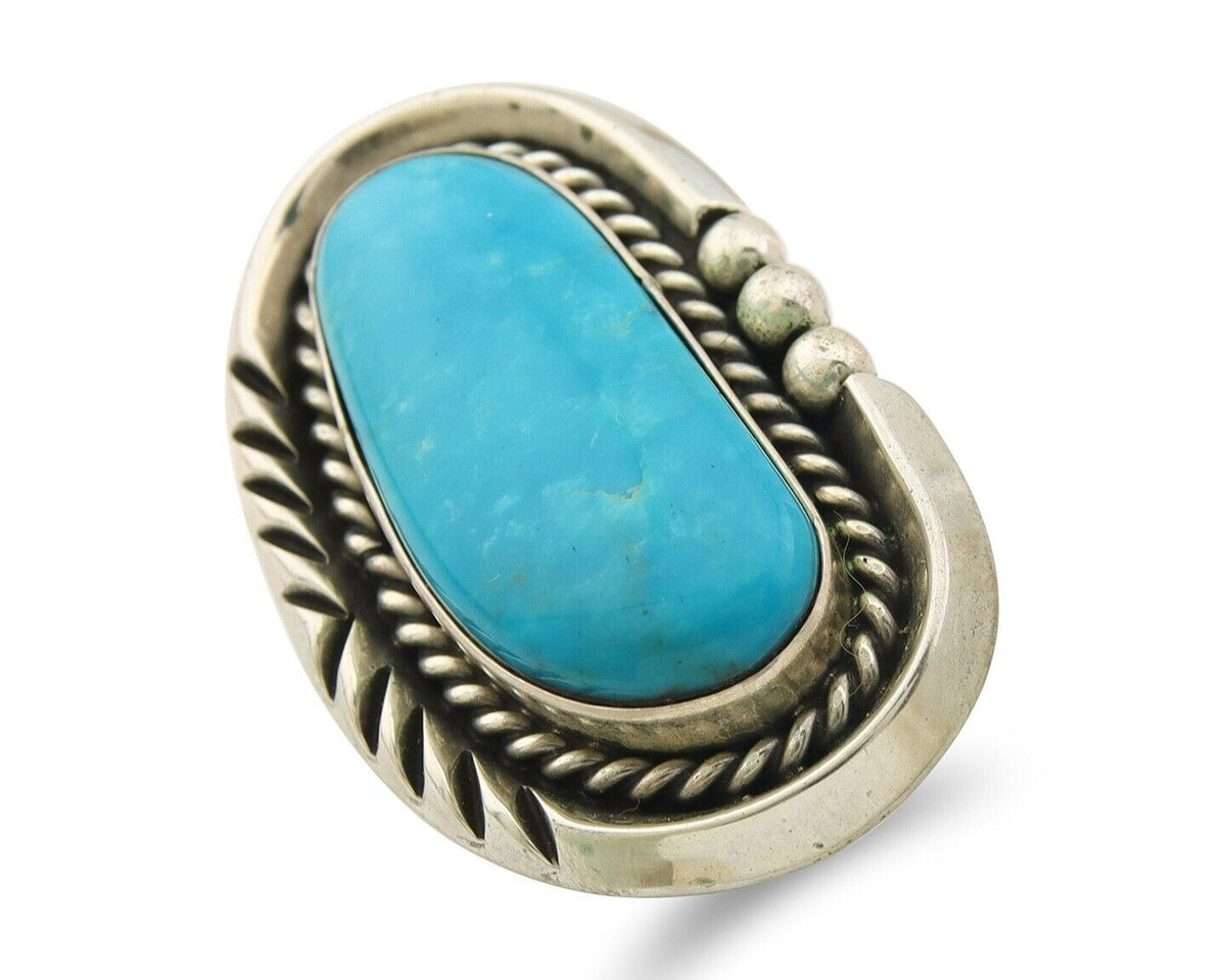 Navajo Ring 925 Sterling Natural Blue Turquoise Signed Ben S C.80's Size 9.0