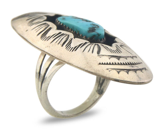 Navajo Ring 925 Sterling Turquoise Hand Stamped Signed J Martinez C.80's Sz 6.5