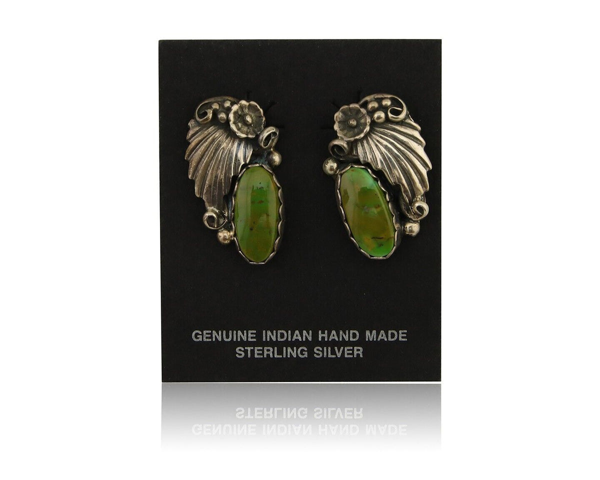 Navajo Earrings 925 Silver Natural Green Turquoise Native Artist Signed C.80's