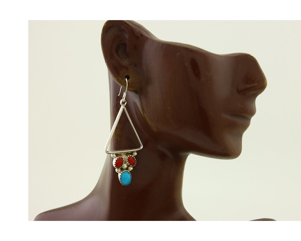 Navajo Earrings 925 Silver Turquoise & Coral Native American Artist C.80's