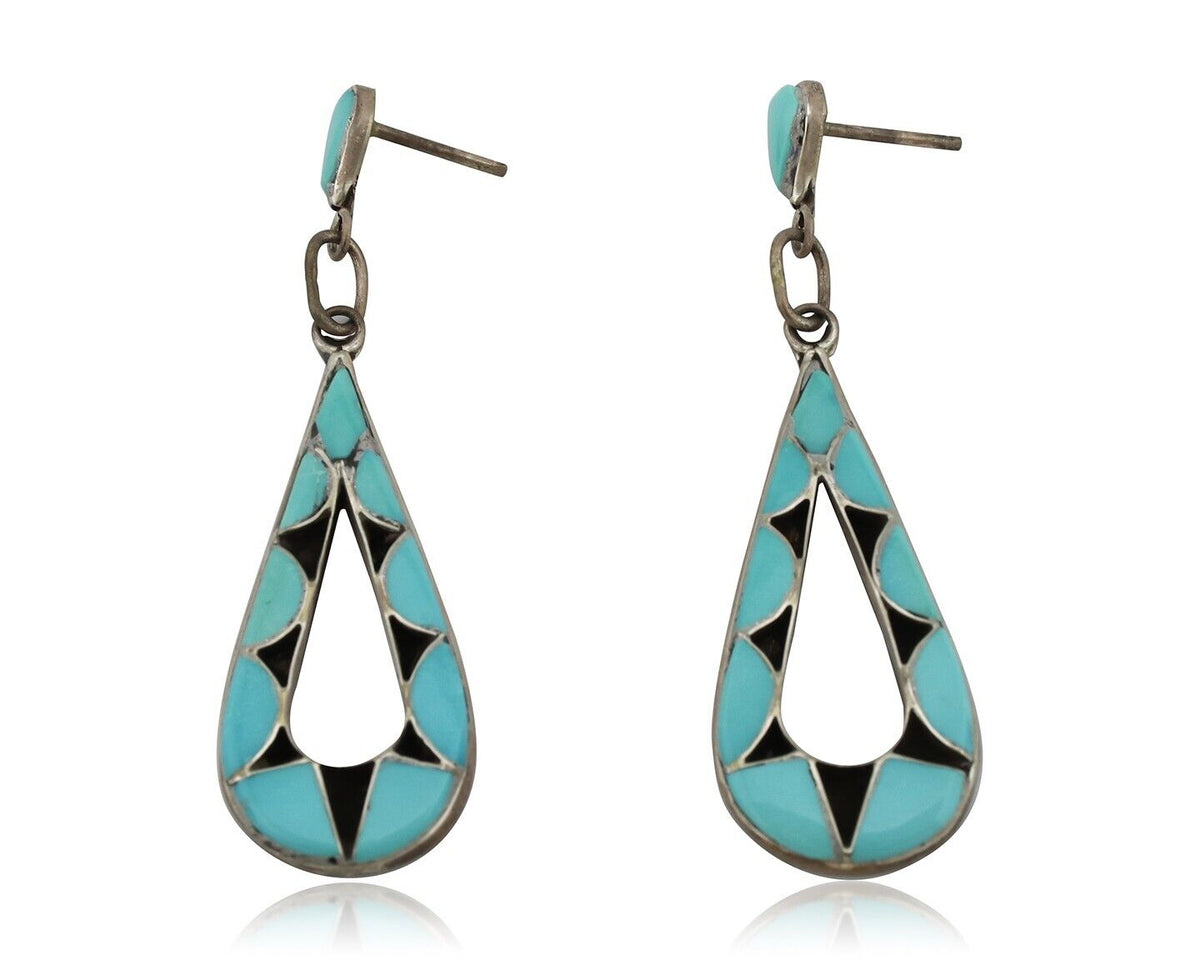 Navajo Handmade Earrings 925 Silver Blue Turquoise Native Artist C.80s