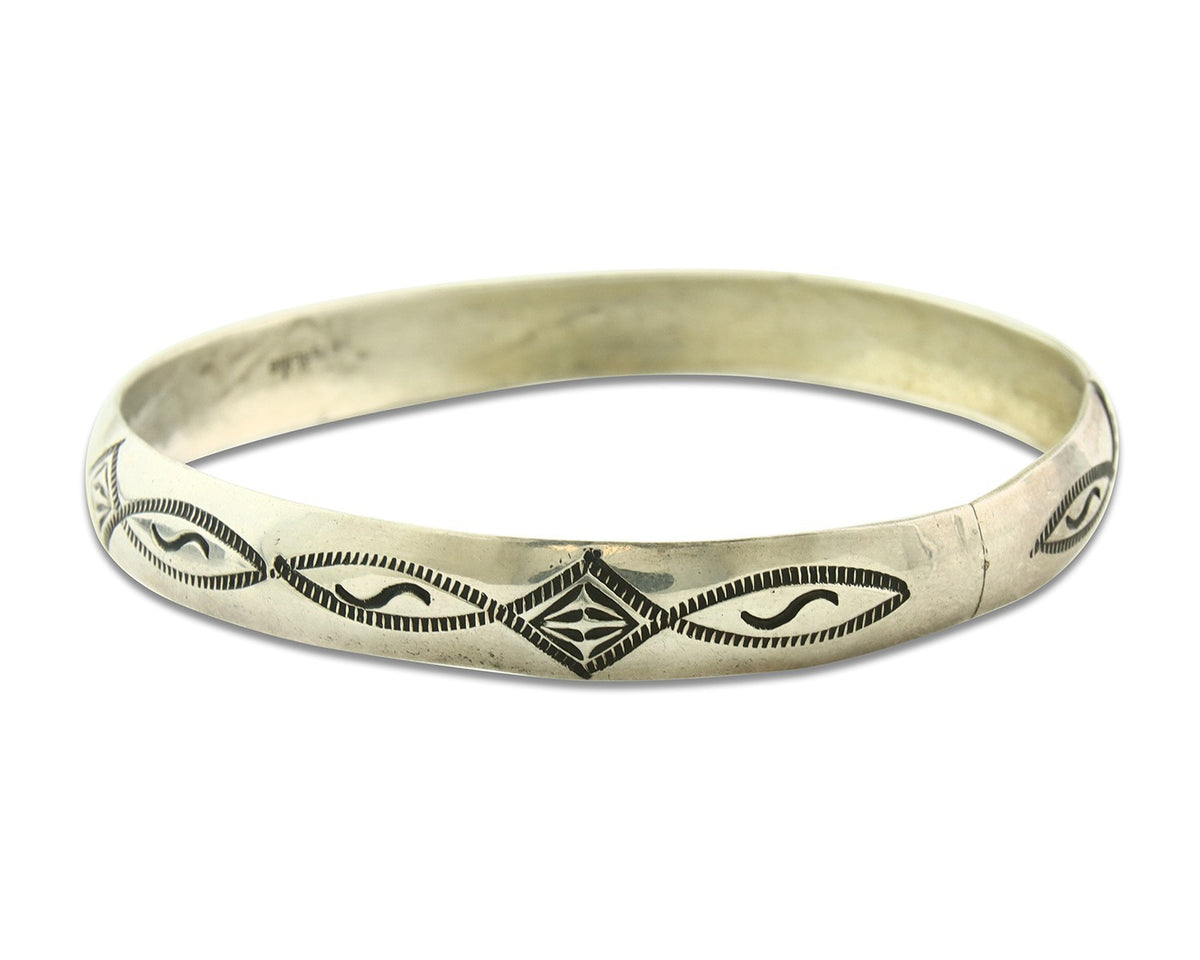 Vintage Navajo Bangle Bracelet Sterling Silver Hand Stamped Signed HJ