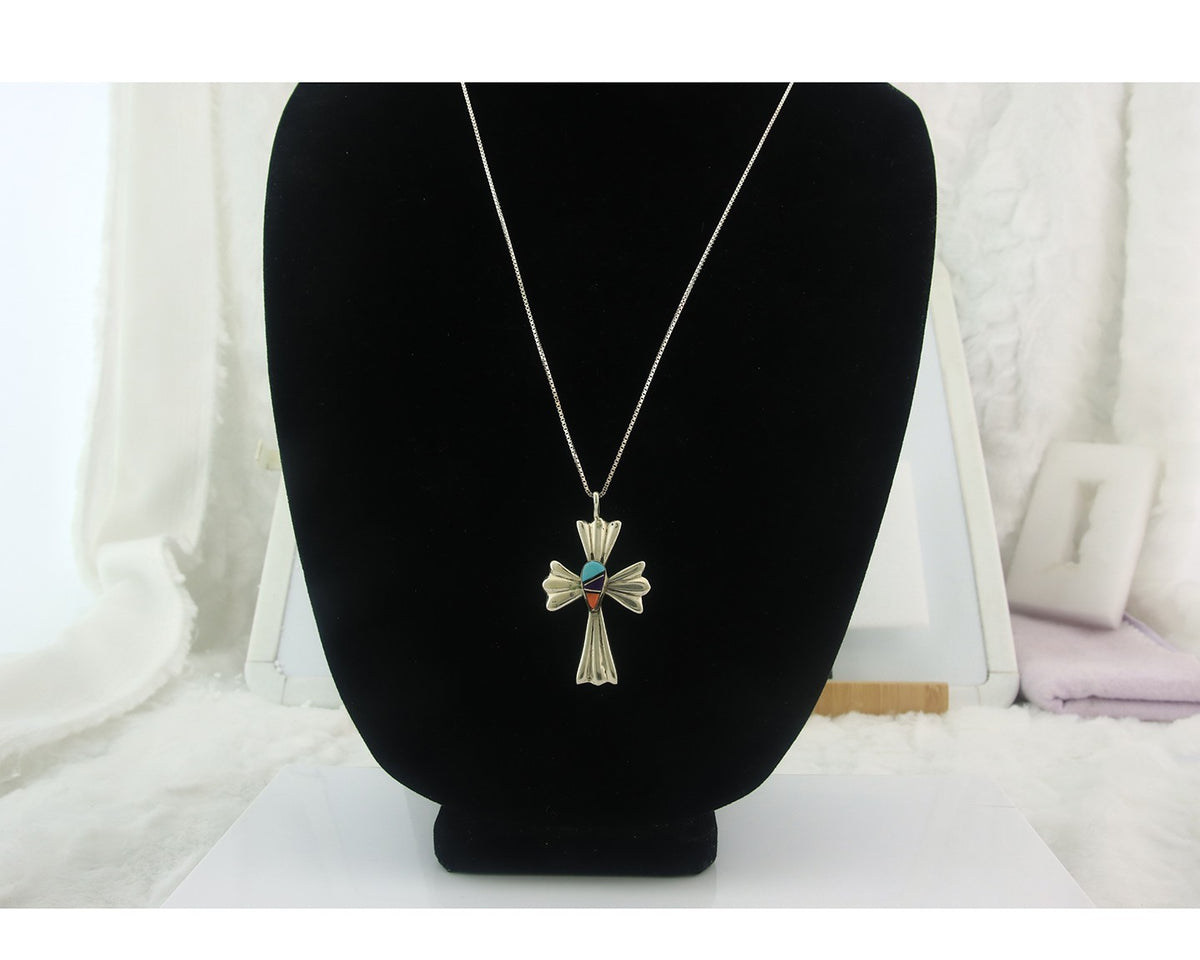 Navajo Cross Necklace Sterling Silver Authentic Natural Gemstones Signed M