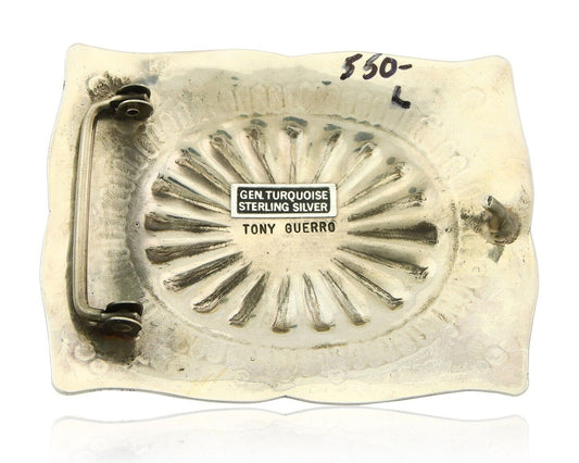 Navajo Belt Buckle 925 Sterling Silver Turquoise Artist Signed Tony Guerro C80s