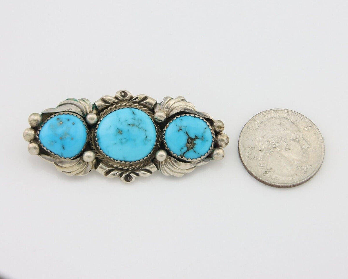 Navajo Pin 925 Silver Natural Blue Turquoise Artist Signed Billie Eagle C.80's