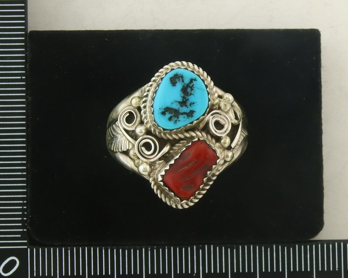 Men Navajo Ring 925 Sterling Natural Coral & Turquoise Signed JM C.80's Sz 12.25