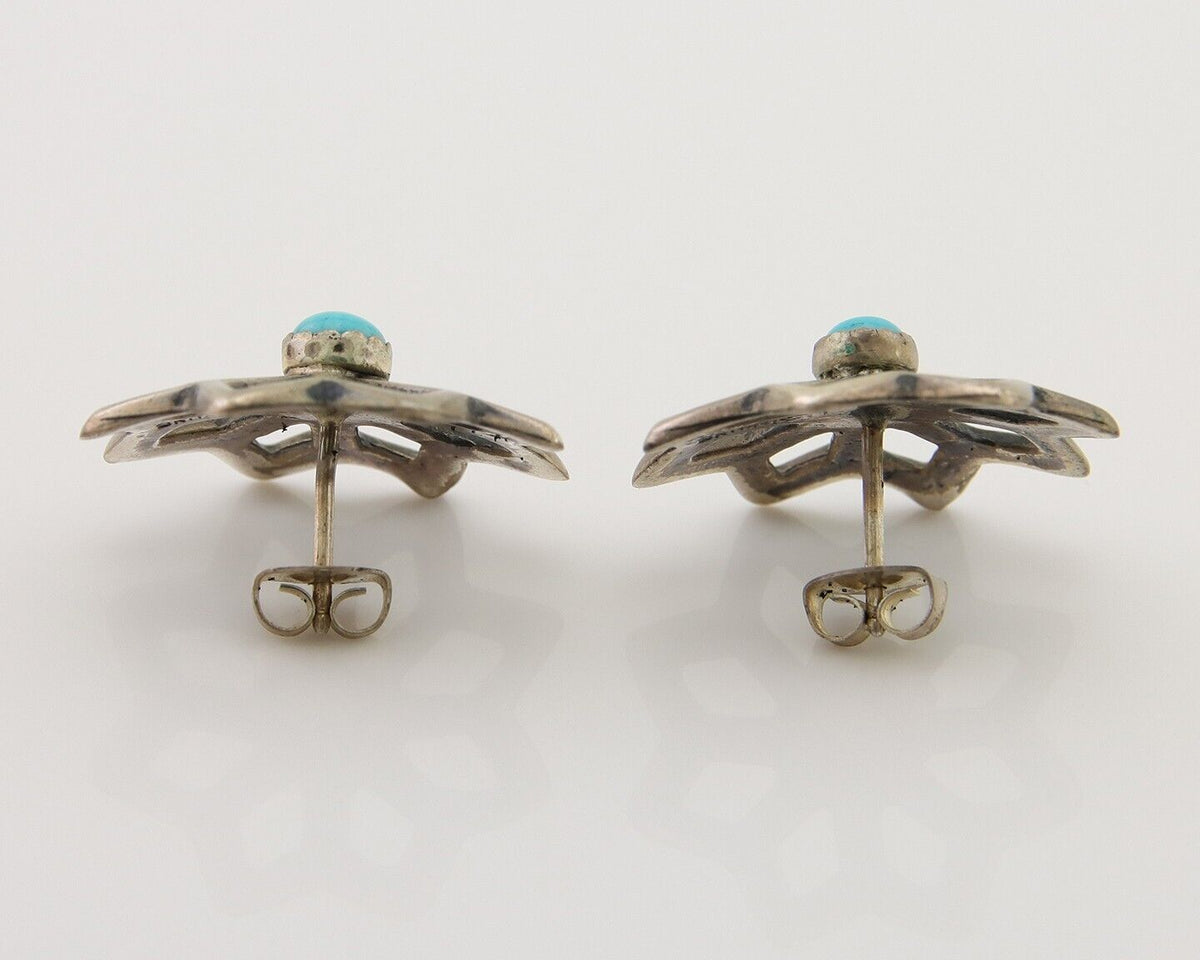 Navajo Flower Earrings 925 Silver Natural Turquoise Native Artist C.80's
