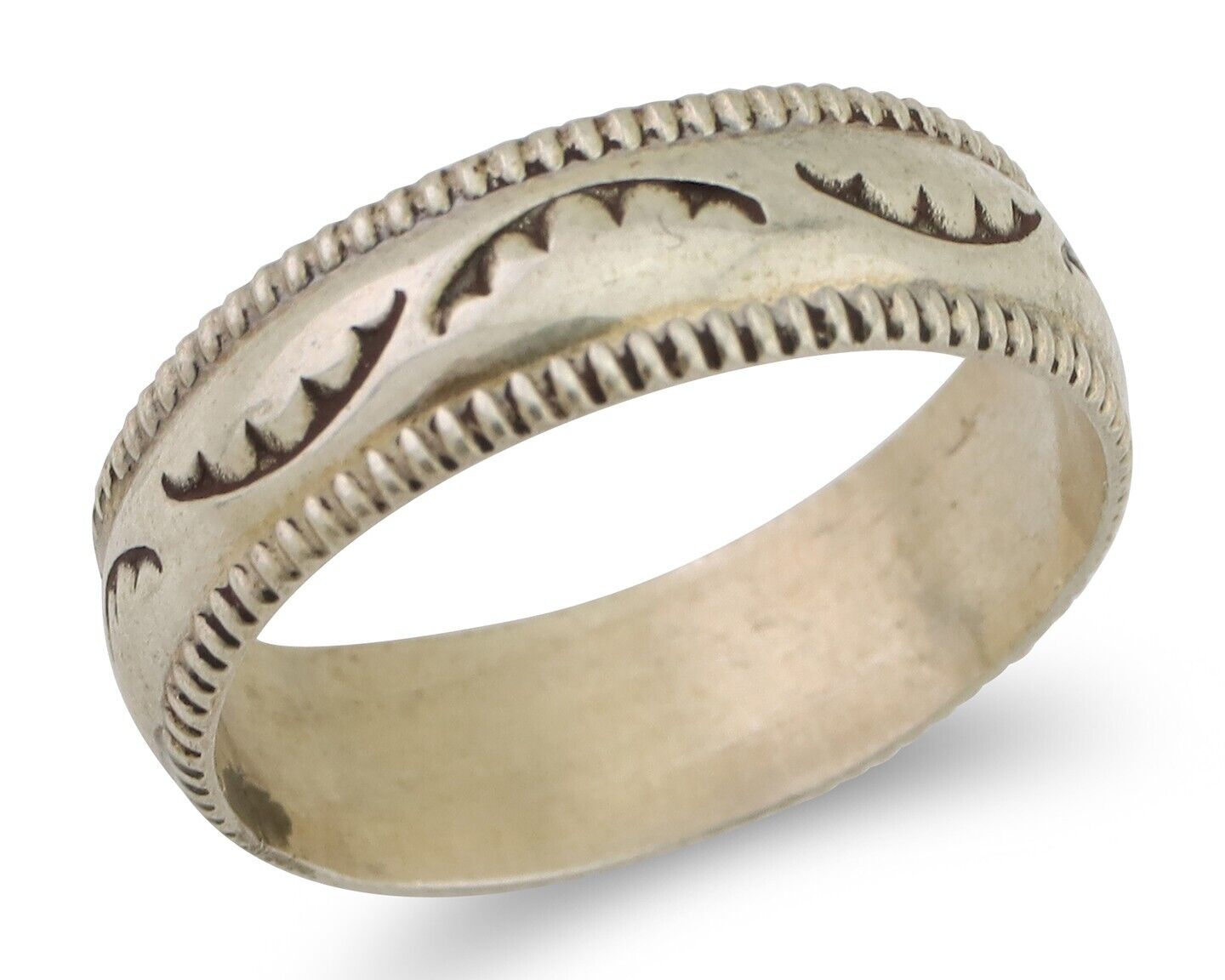Navajo Hand Stamped Band 925 Silver 6.0 mm Native Artist Size 7.5 C.80's