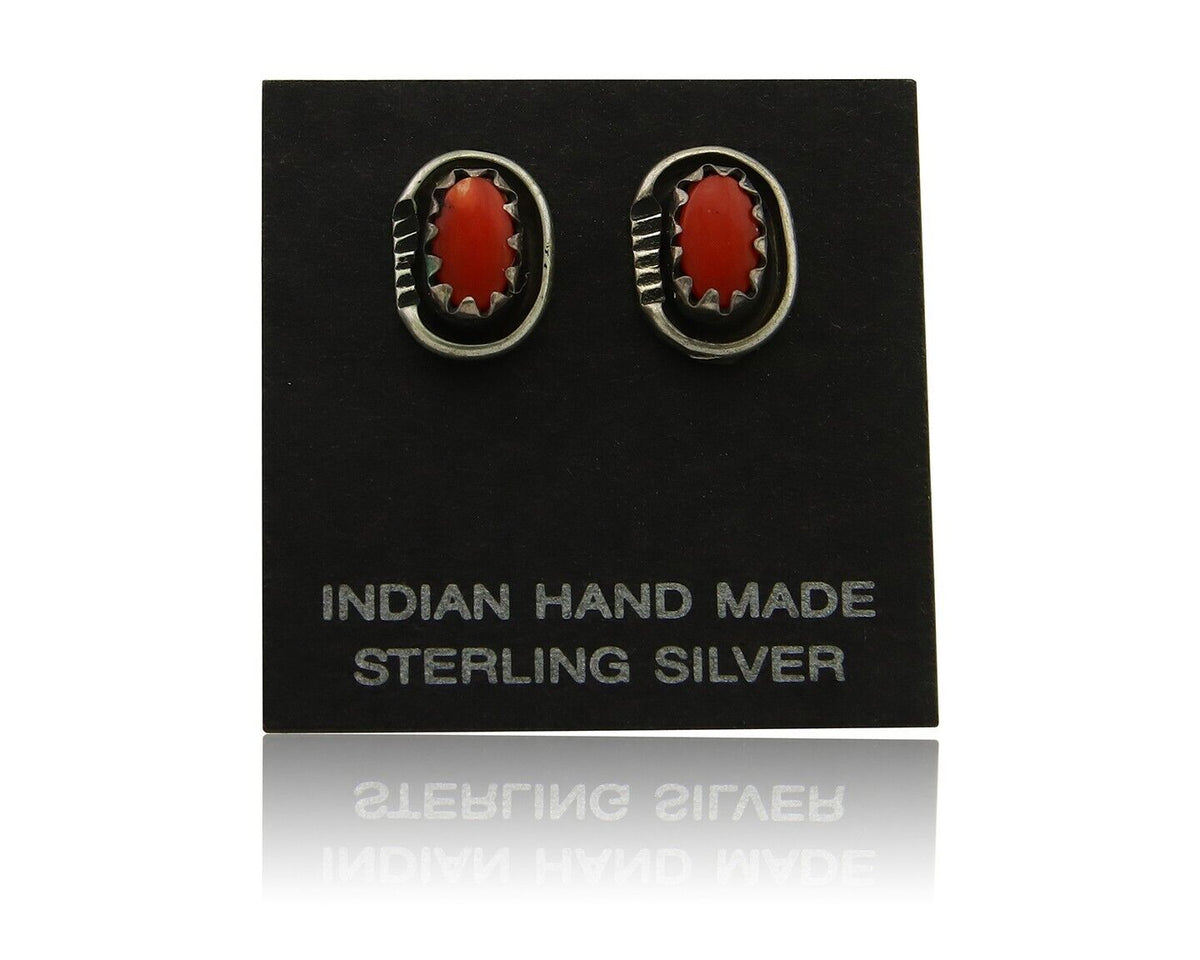 Navajo Earrings 925 Silver Natural Red Coral Native American Artist C.80's